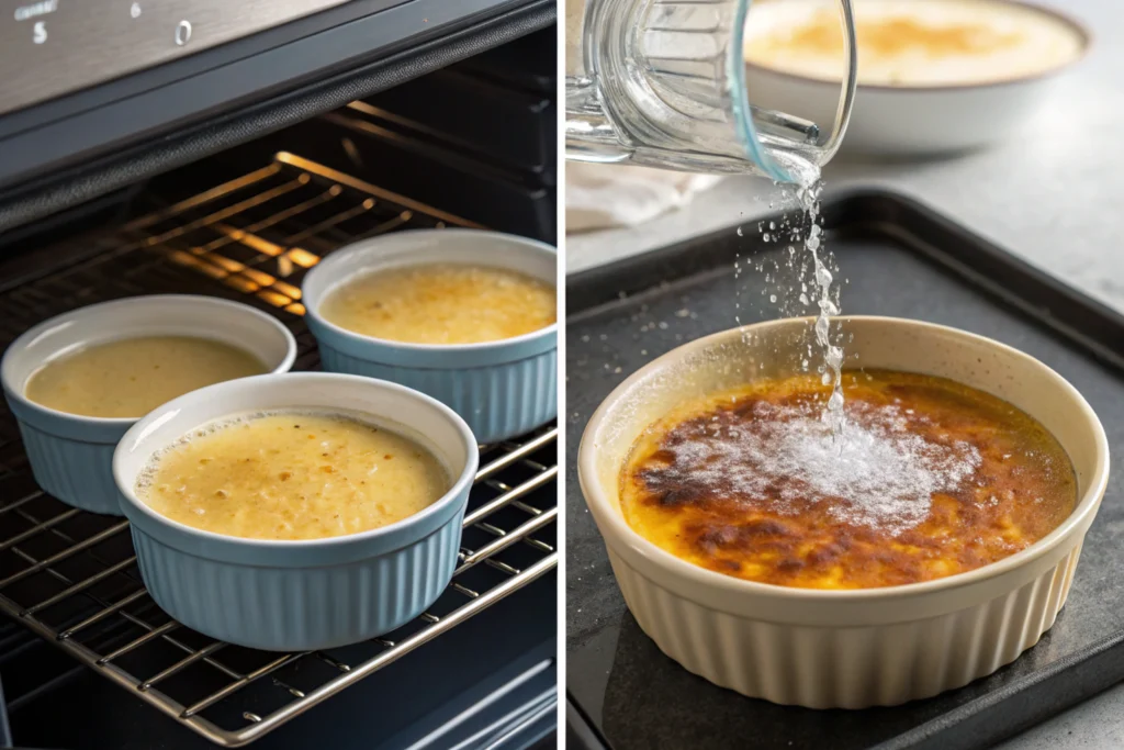 Baking process differences for creme brulee vs custard.
