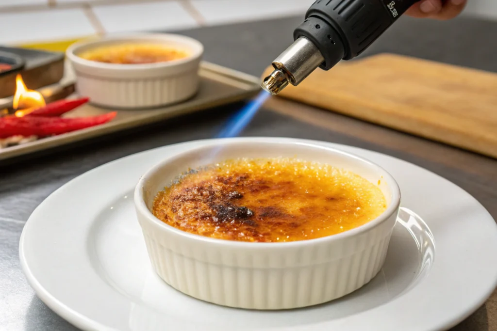 Caramelizing the sugar top for the secret of creme brulee.