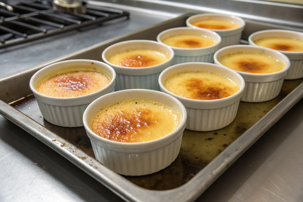 Baking creme brulee in water bath for even cooking.