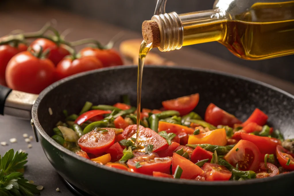 Olive oil enhancing the natural flavors in tomato stew.