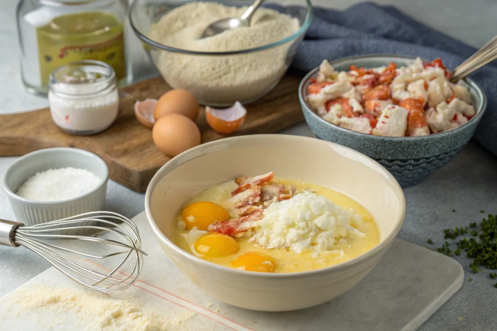 Preparing the Crab Brulee Recipe filling with fresh ingredients.