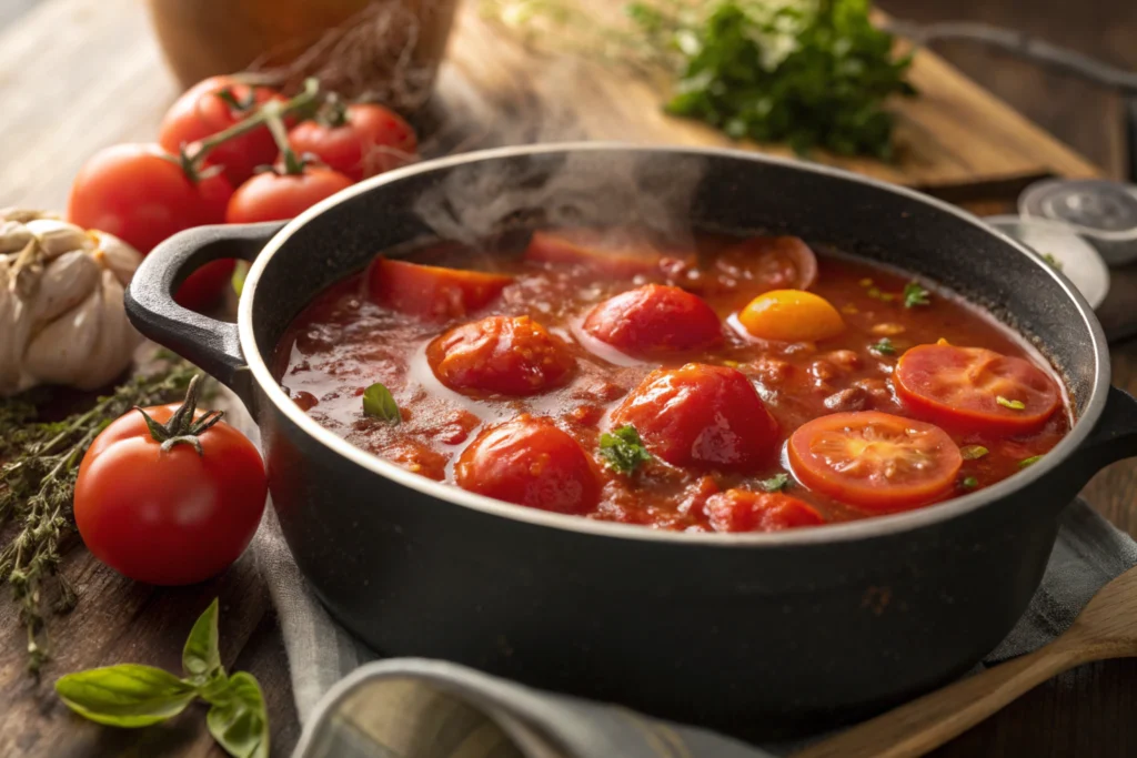 Tomato stew simmering on the stove, with tomatoes breaking down into a rich sauce.