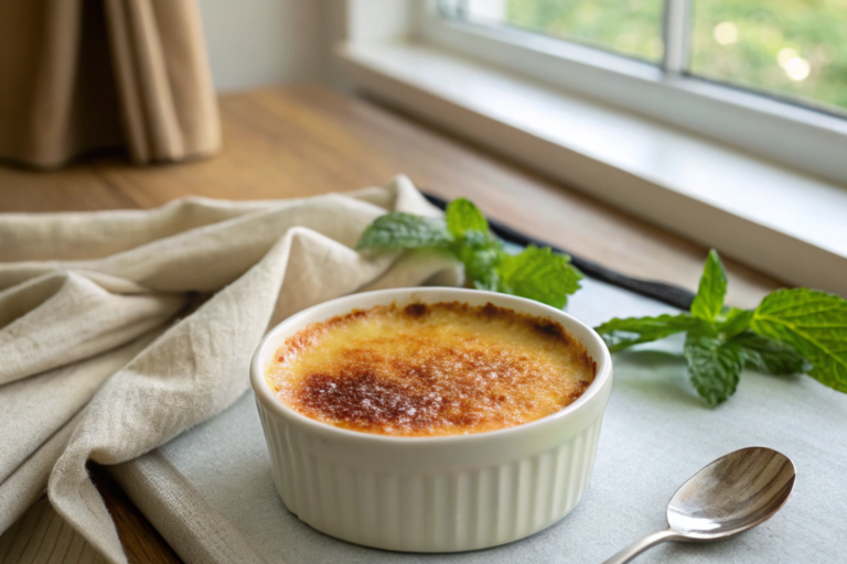 Realistic crème brûlée in a small ramekin with golden caramelized crust and creamy texture, garnished with mint.