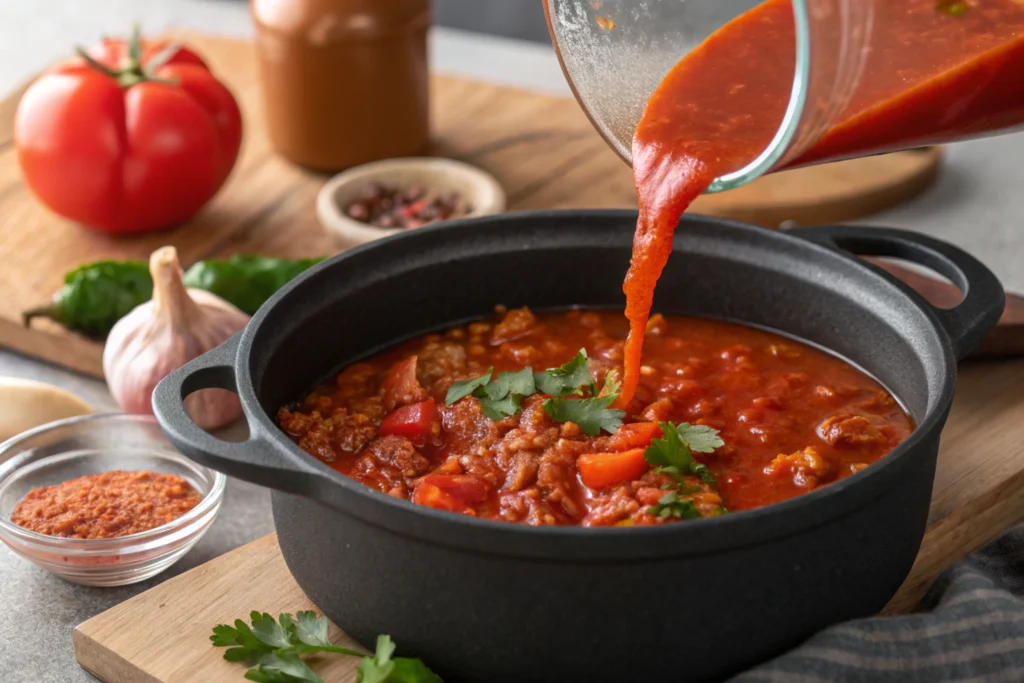 Tomato puree-Adding tomato puree naturally to a simmering stew.