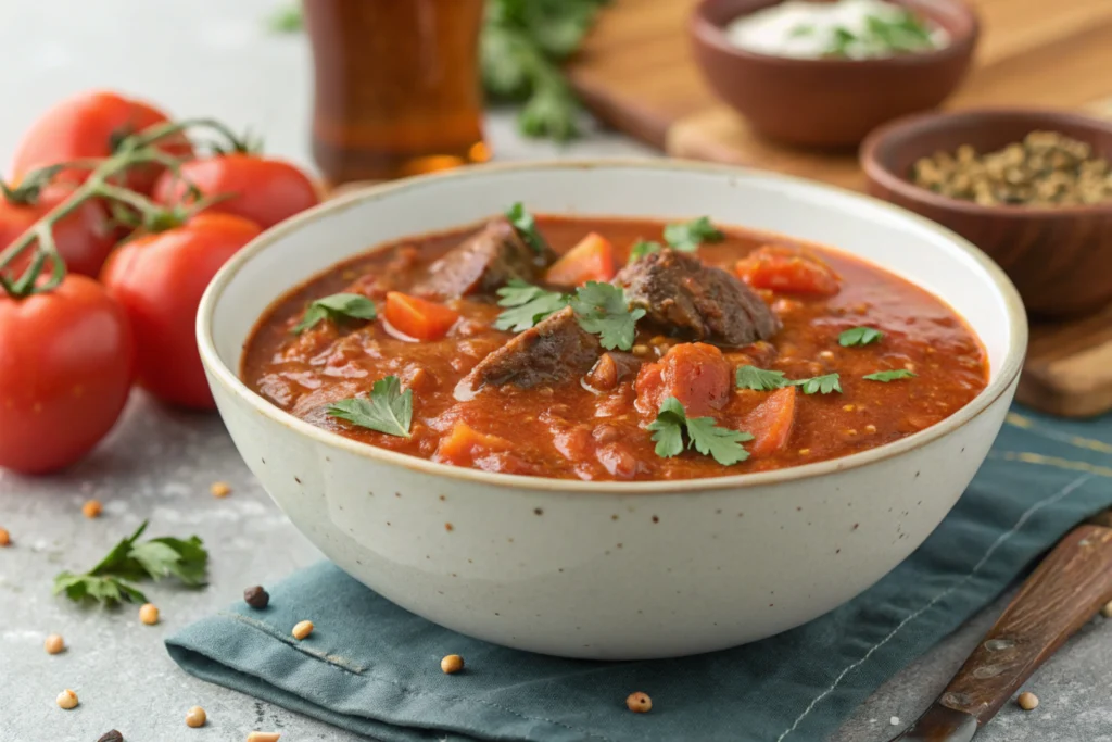 Tomato puree-A bowl of stew with tomato puree naturally added.