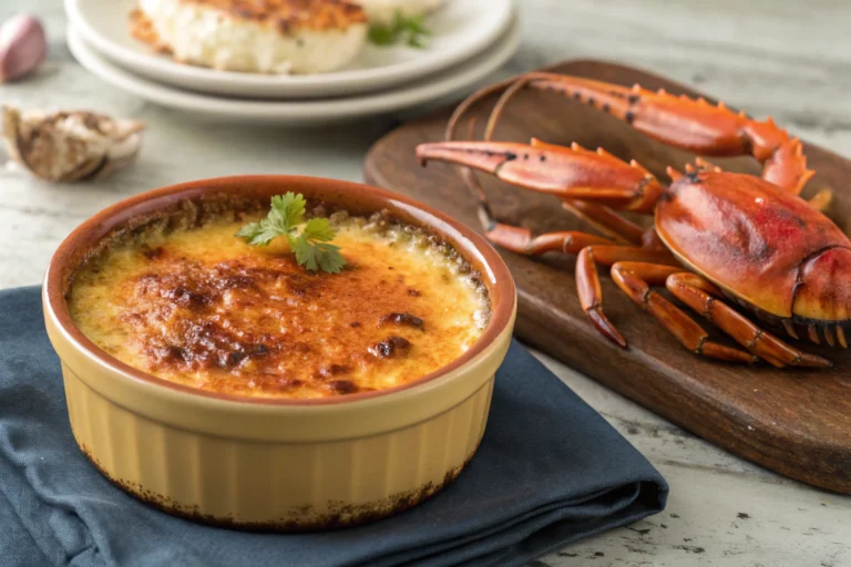 Crab brulee recipe in a small ramekin with a caramelized sugar crust.