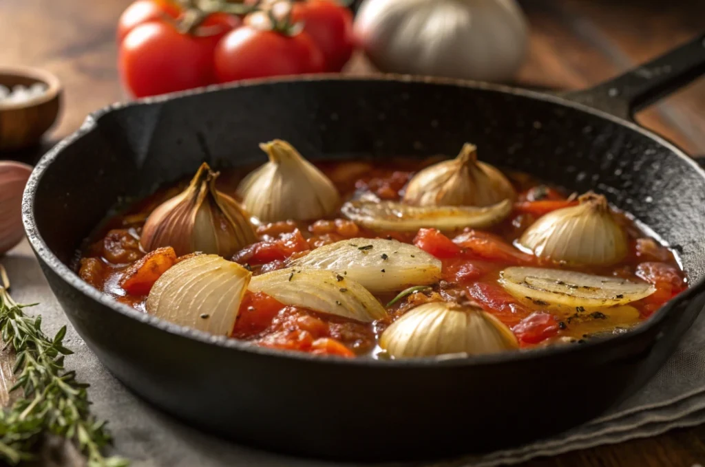 Tomato stew-Onions and garlic being sautéed in olive oil.