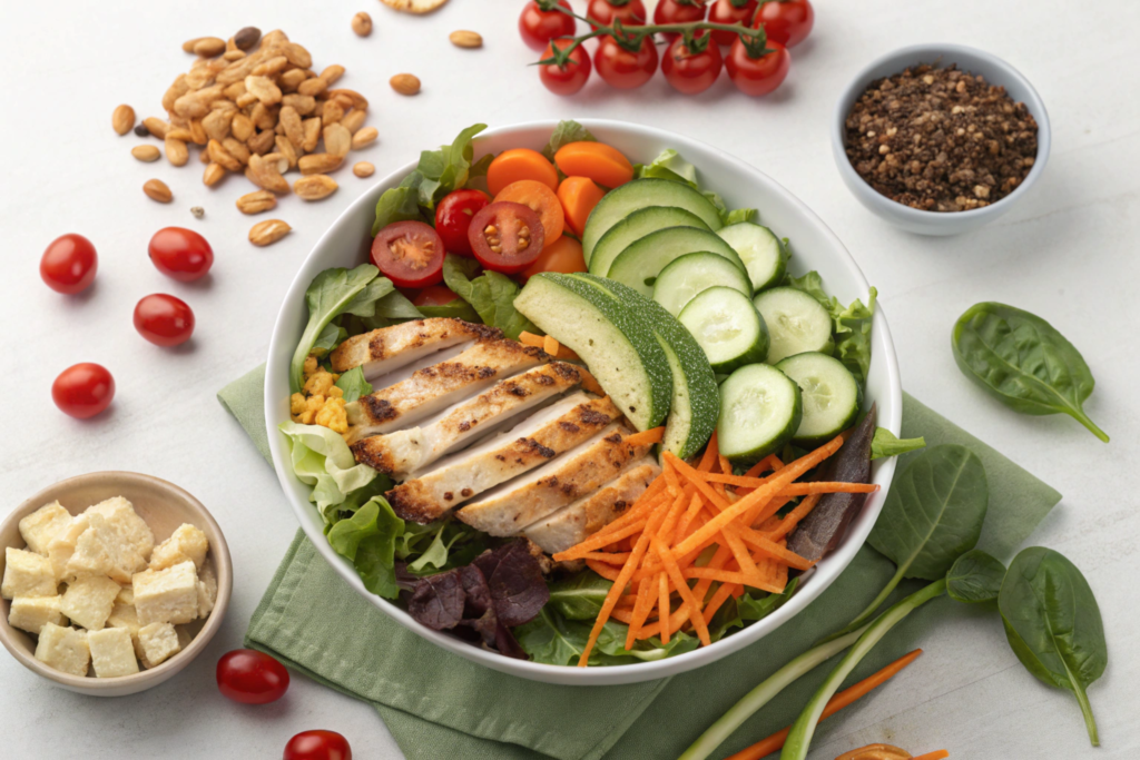 A bowl of what is Chick-fil-A salad made of, showing a balance of toppings.