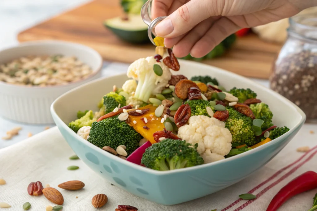 broccoli cauliflower salad recipe-Crunchy components added right before serving broccoli cauliflower salad