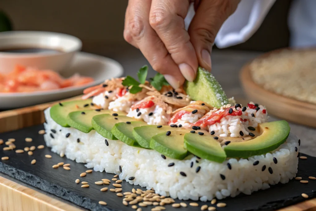 sushi bake recipe-Adding delicious toppings on top of a sushi bake recipe