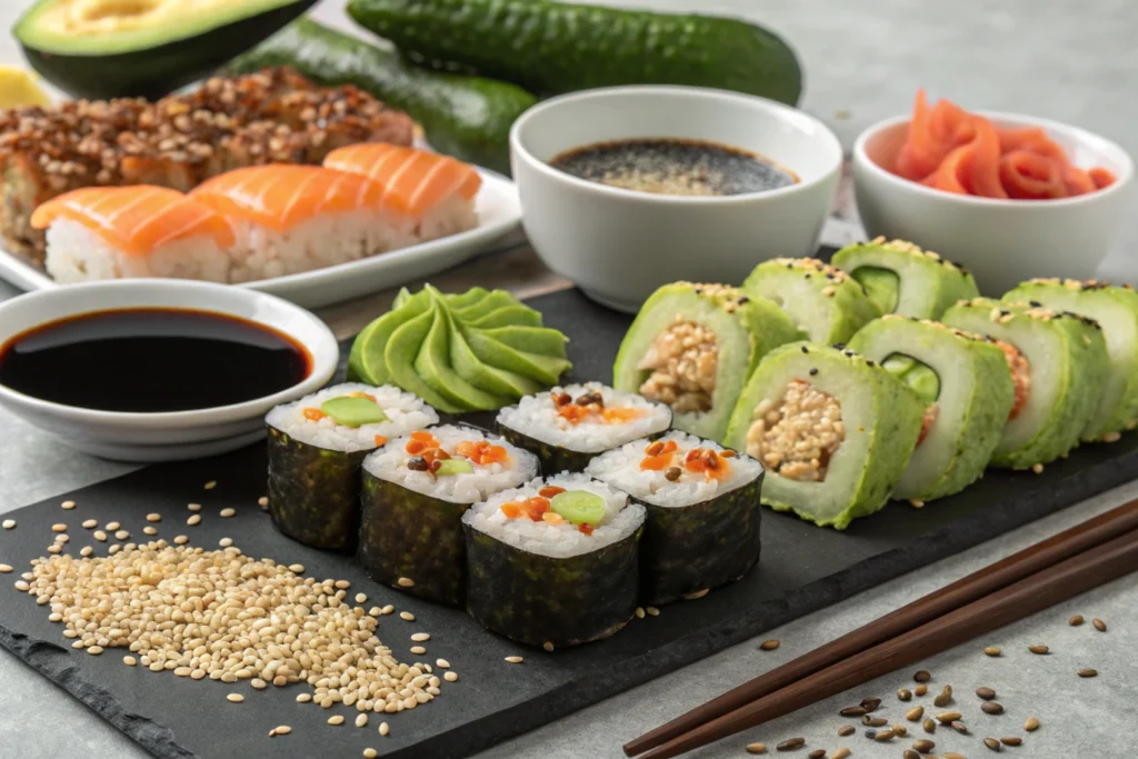 A photo of toppings added to a sushi bake recipe and how they are key for what are the ingredients of baked sushi?.