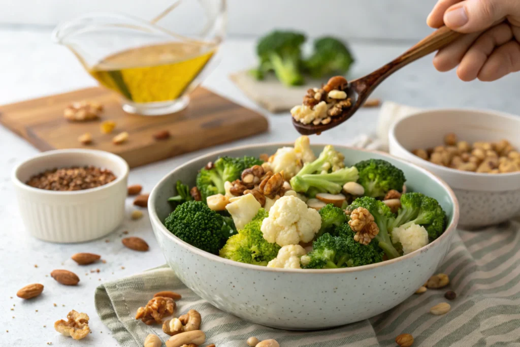 broccoli cauliflower salad recipe-Toasted nuts added to broccoli cauliflower salad recipe