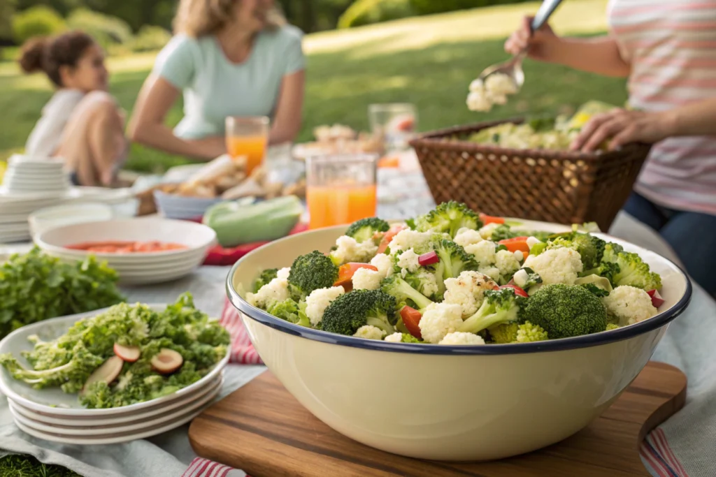 Broccoli cauliflower salad recipe-served at a gathering.