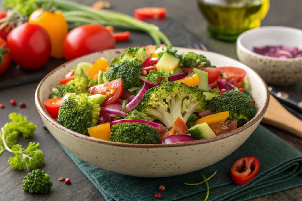 A colorful raw broccoli salad highlighting the question, can you eat broccoli raw in a salad?