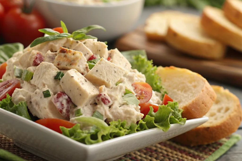 Close-up of naturally made Chicken Salad, revealing What Makes Chicken Salad Chick So Good