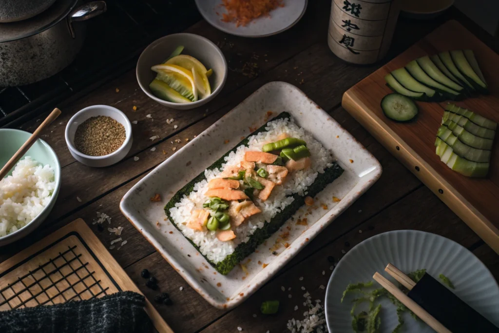 sushi bake recipe-Layering sushi bake recipes in a baking dish with a base of rice.