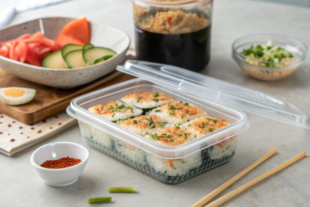 Proper storage containers for sushi bake recipes showcasing how important storage can be in this culinary practice and also thinking of what are the ingredients of baked sushi?.