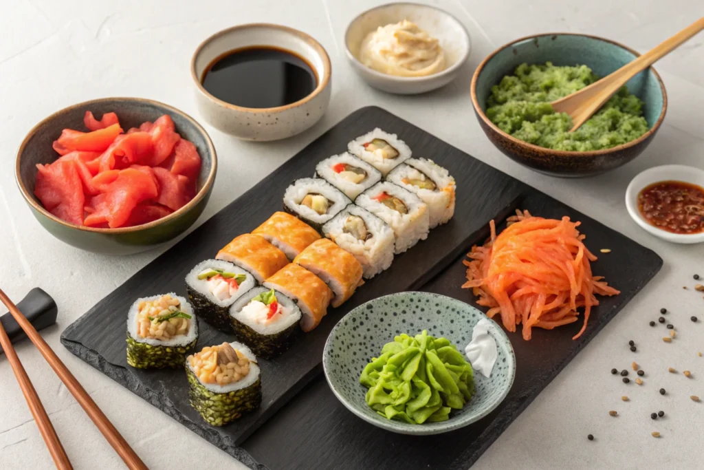 A display of serving suggestions for a baked sushi while considering, what are the ingredients of baked sushi?