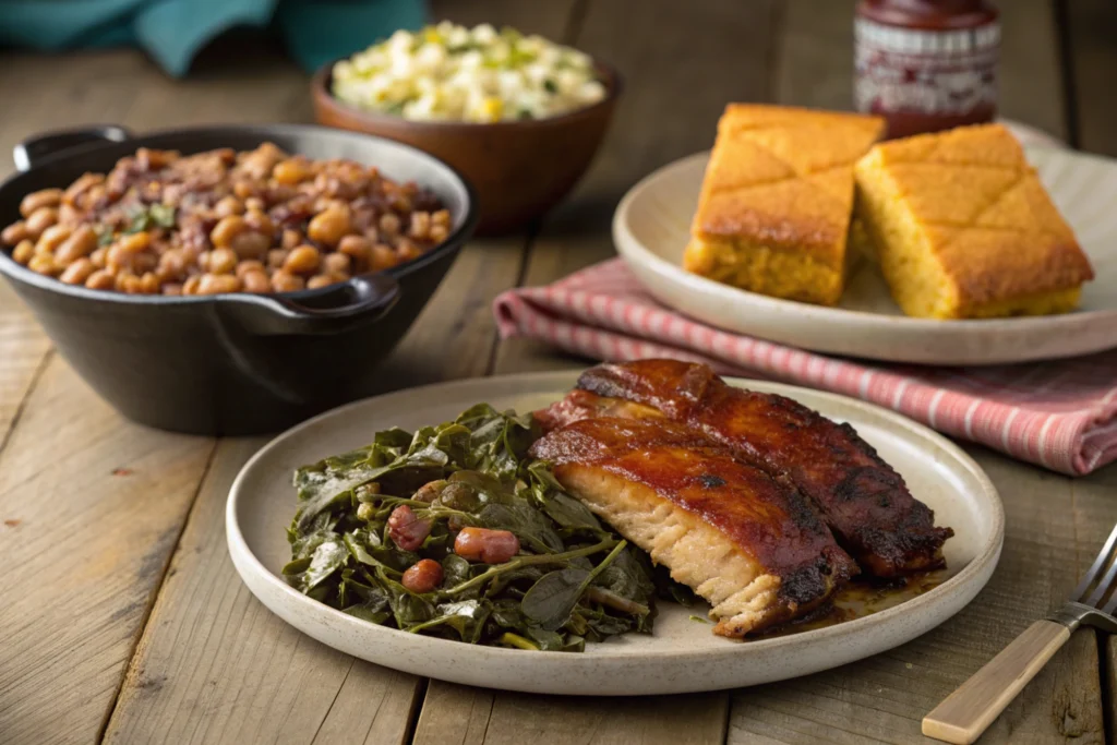 Why do southerners not put sugar in cornbread-A southern meal with cornbread, showing typical pairings, and it highlights why do southerners not put sugar in cornbread.