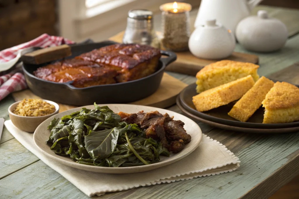 cornbread vs southern cornbread-A southern meal with southern cornbread as a side.