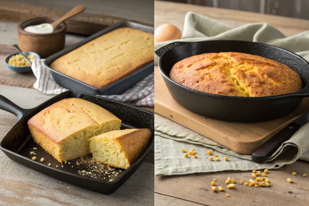  Different ways to cook cornbread, using a skillet and baking pan.