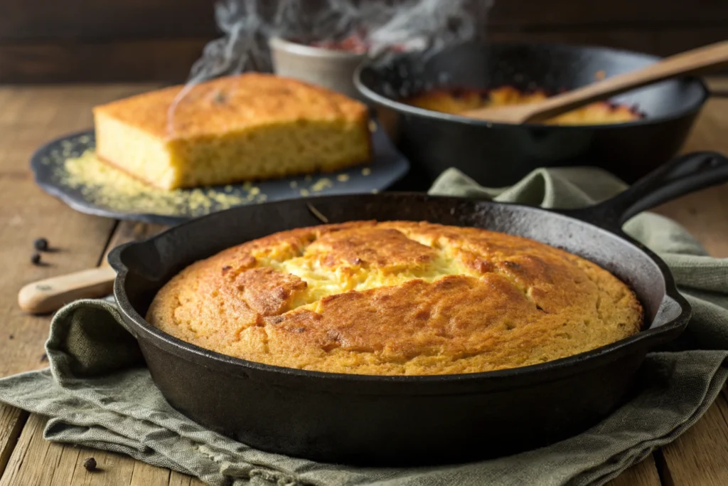 southern cornbread-A skillet of southern cornbread, freshly baked.