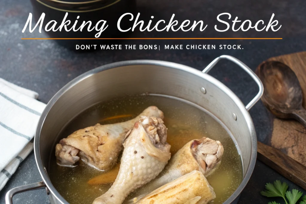 Rotisserie-Chicken bones simmering in a pot to create stock.