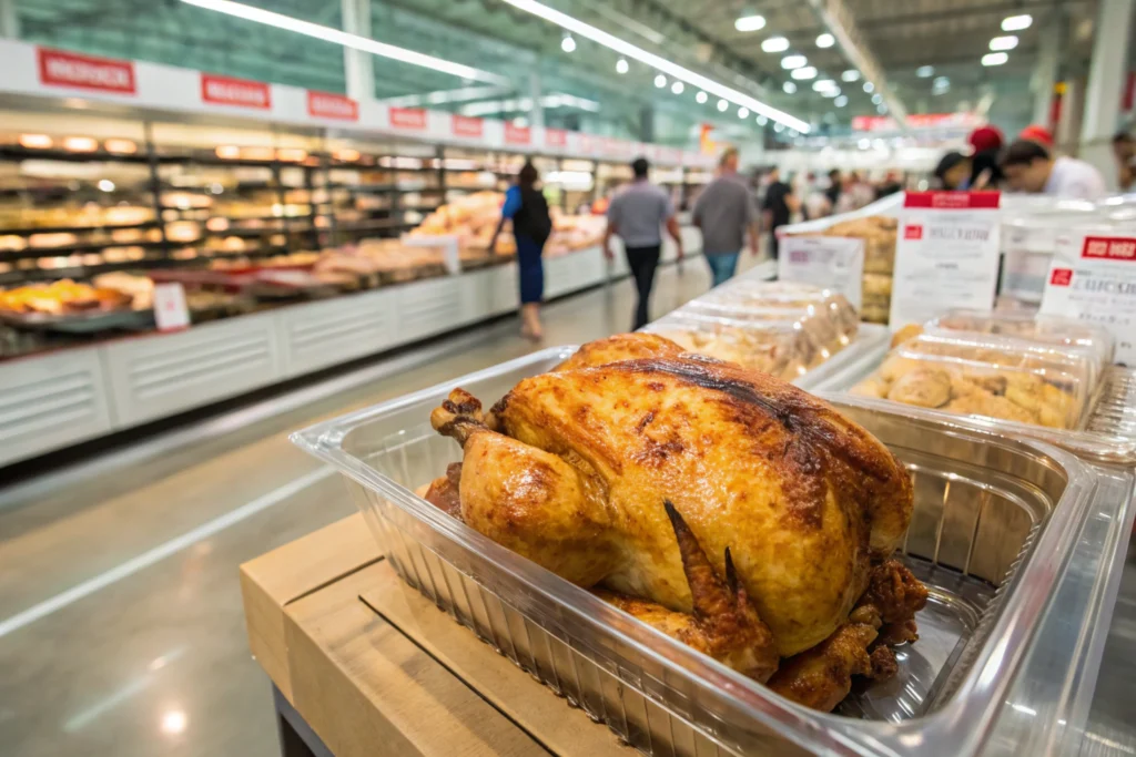 Unsold Rotisserie Chicken-Costco rotisserie chicken on display ready for sale.