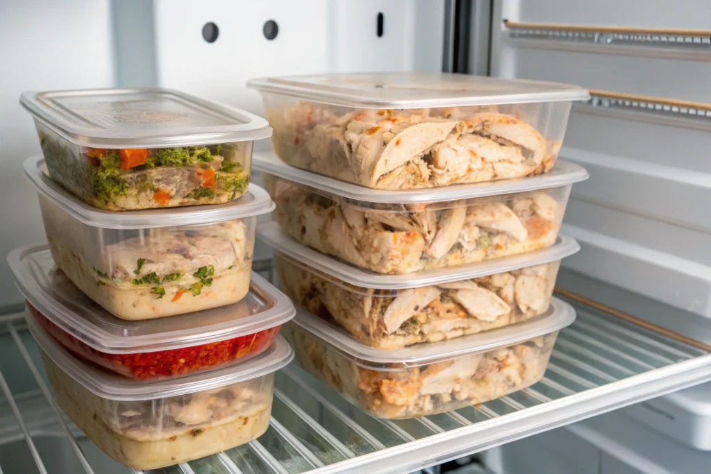Rotisserie Chicken-Leftover rotisserie chicken in airtight containers in a refrigerator.