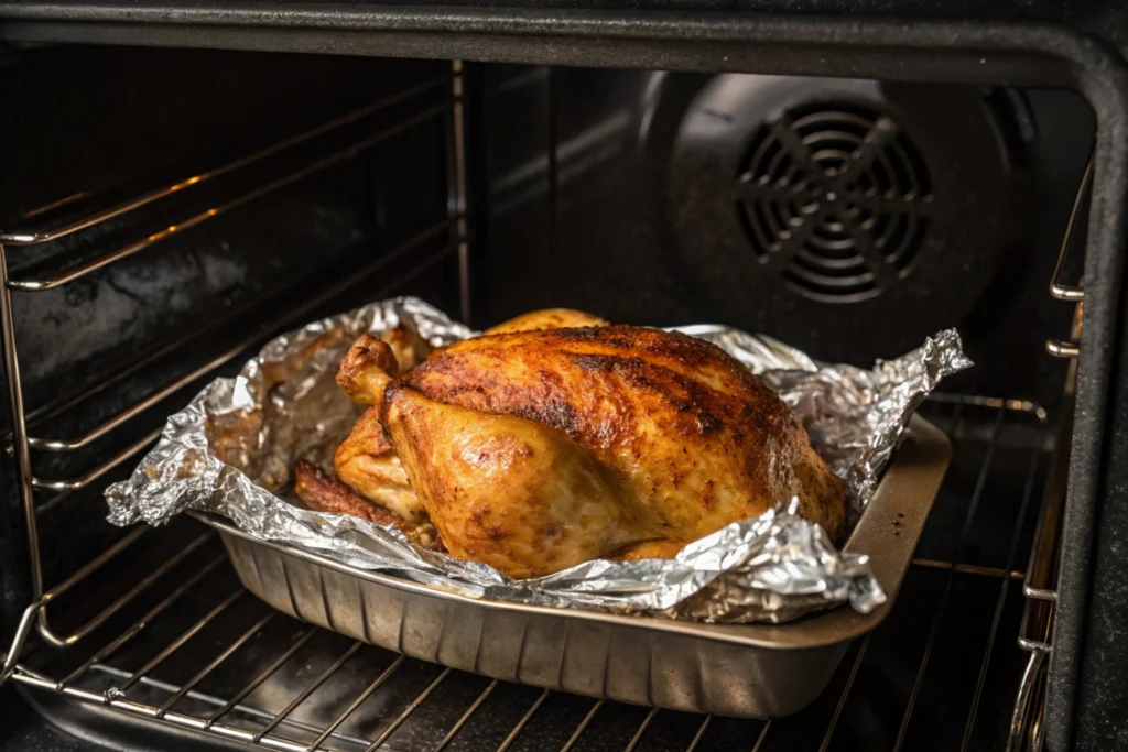 Freeze Rotisserie Chicken-Reheating frozen rotisserie chicken in the oven.