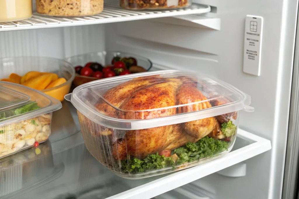 Rotisserie chicken stored in a sealed container in a fridge.