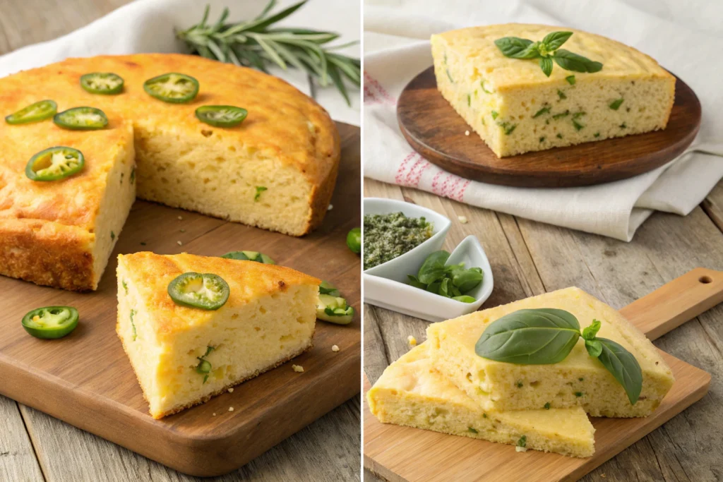 southern cornbread-Different variations of southern cornbread, including cheese, jalapeño and herb.