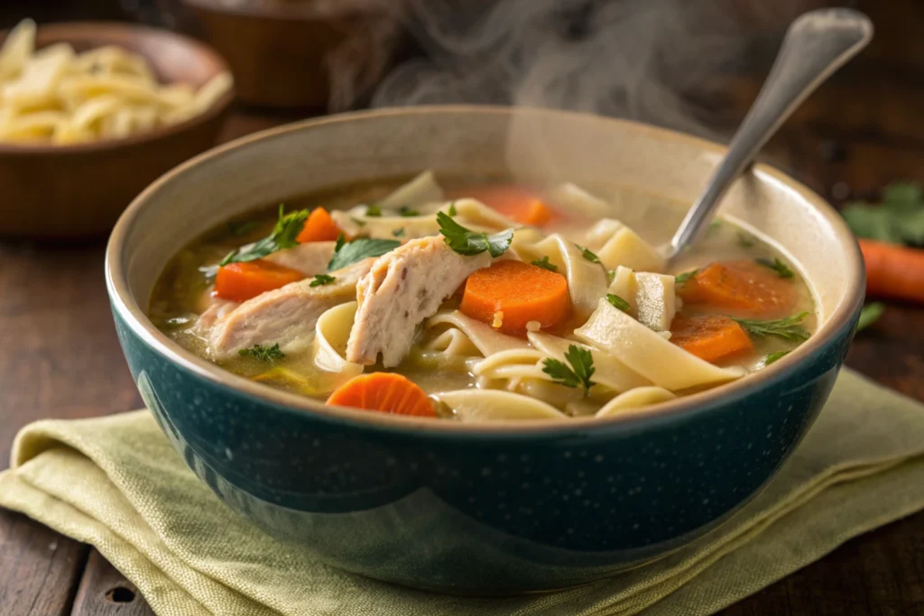 Leftover Rotisserie Chicken-Chicken noodle soup made using leftover rotisserie chicken.