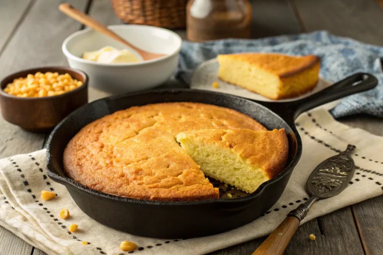 southern cornbread-Freshly baked southern cornbread in a cast iron skillet.