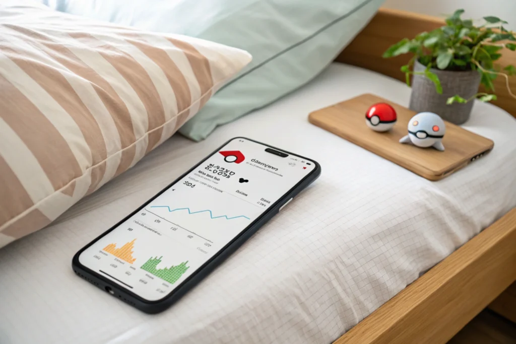 How to make Pokemon Sleep work-A phone placed on a bed for accurate tracking of Pokemon Sleep.