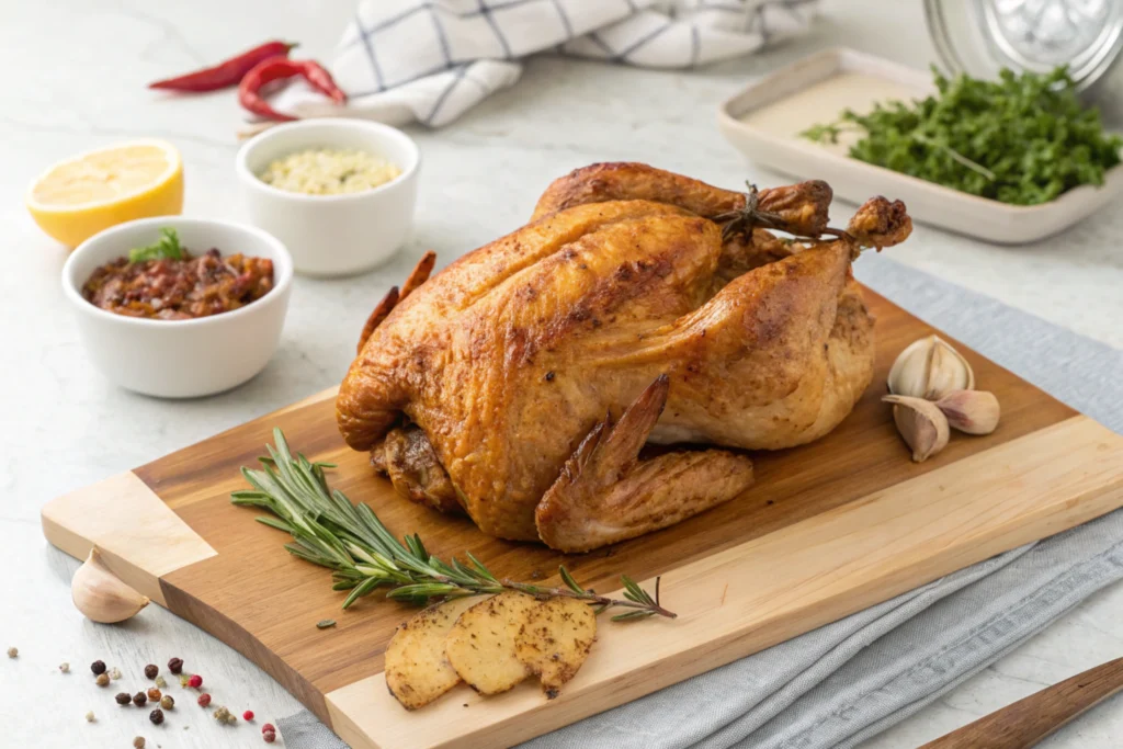 Leftover Rotisserie Chicken-A cooked leftover rotisserie chicken on a cutting board.