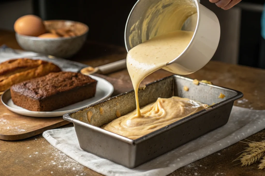 2 Banana Bread Recipe - Step-by-step process: Pouring batter into a loaf pan for making 2 Banana Bread