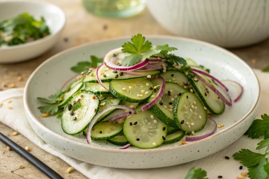 Viral Cucumber Salad-A Final recipe on white plate.