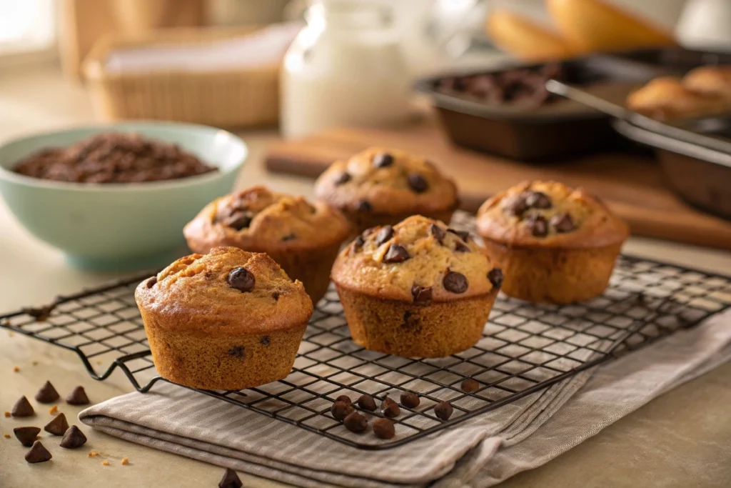 Close-up of a chocolate chip muffin with melting chocolate.