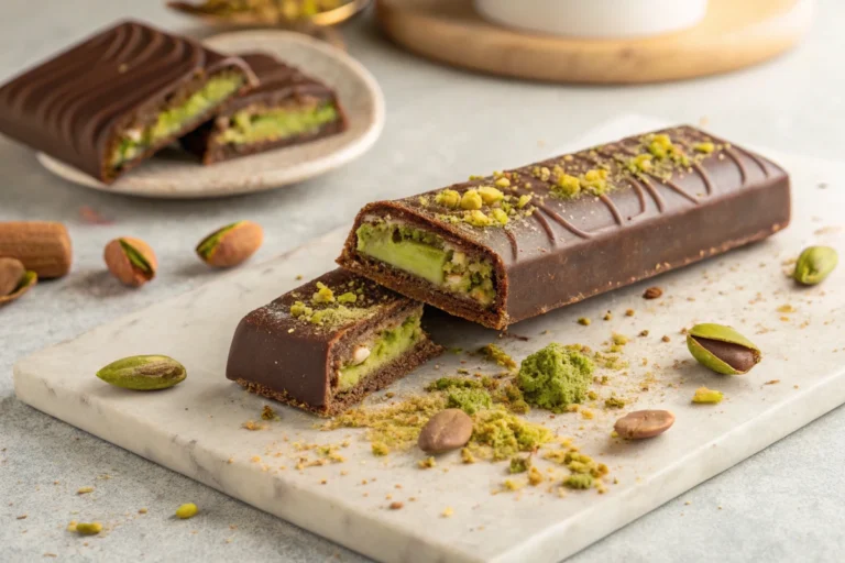 Dubai Chocolate Bar with a milk chocolate shell and crunchy pistachio-kunafa filling.