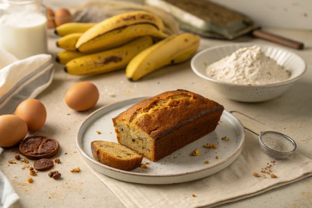 2 Banana Bread FAQs: Expert Tips for a Perfect Loaf! 1 2 Banana Bread FAQs - Delicious banana bread surrounded by baking essentials.