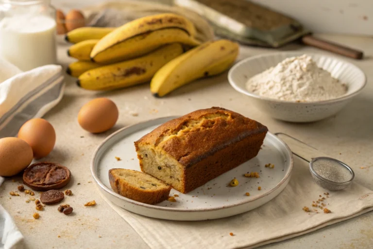 2 Banana Bread FAQs - Delicious banana bread surrounded by baking essentials.