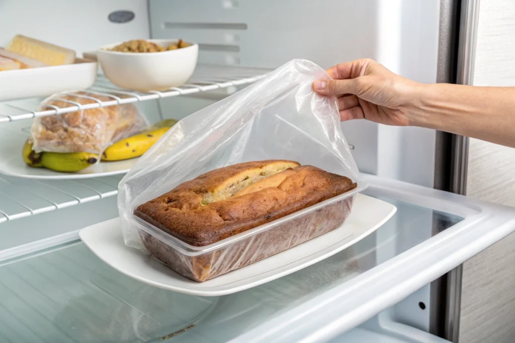Freezing 2 Banana Bread FAQs - A wrapped loaf of banana bread being placed in a freezer bag
