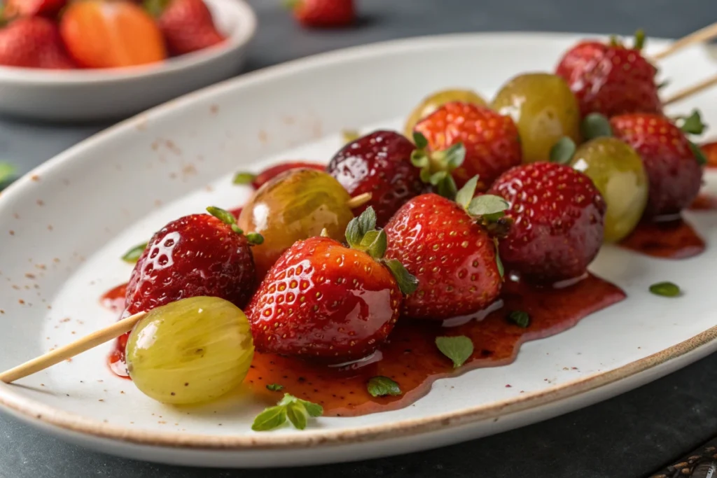Microwave Tanghulu skewers featuring strawberries and grapes.