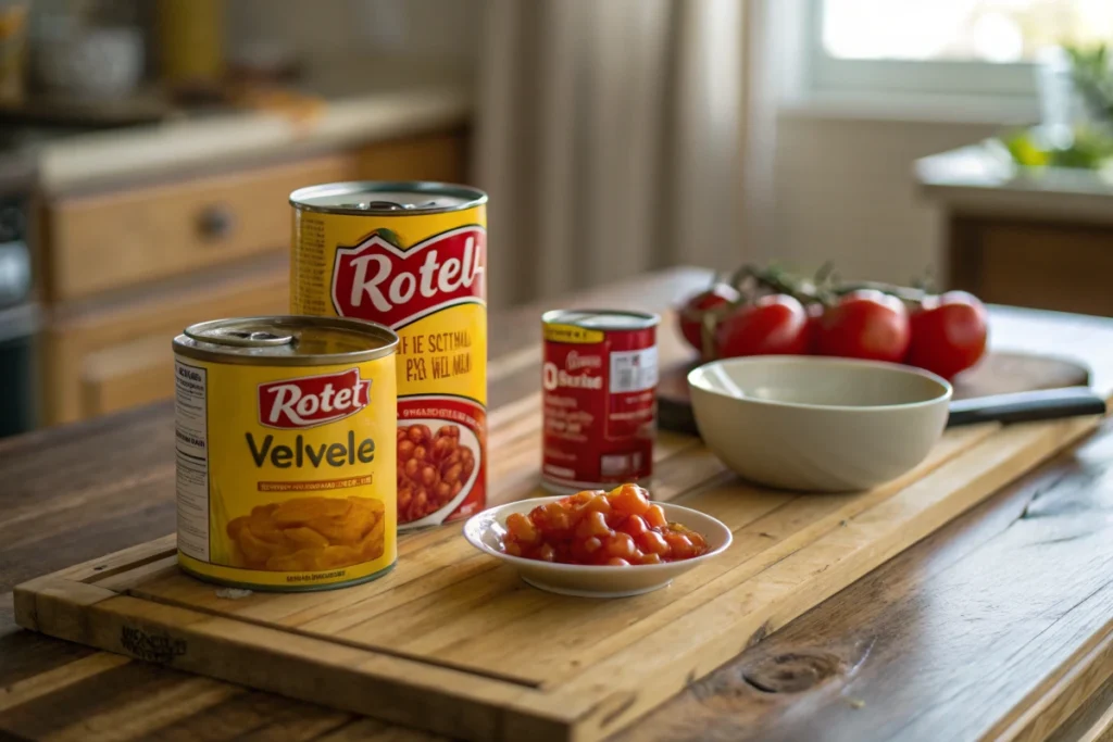 What are the Ingredients in Rotel - Key ingredients of Rotel, Velveeta, and diced tomatoes.
