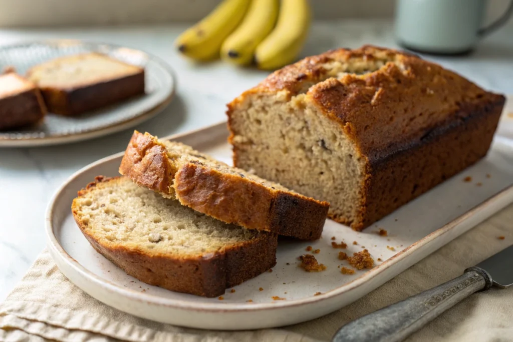 2 Banana Bread FAQs- A slice of banana bread with a moist, tender crumb.