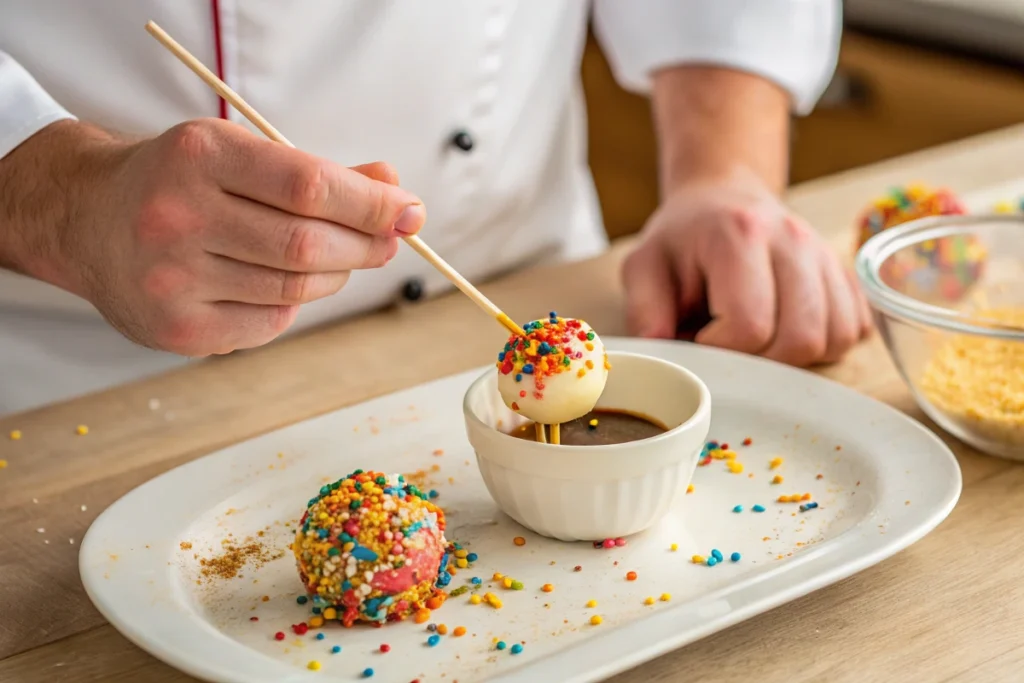 Starbucks Cake Pops - Step-by-step process: Dipping cake pop in melted candy for making Starbucks Cake Pops