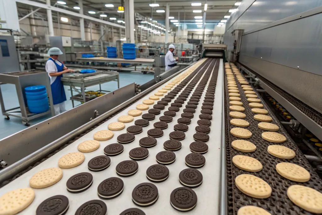 What goes into making Oreos on a conveyor belt