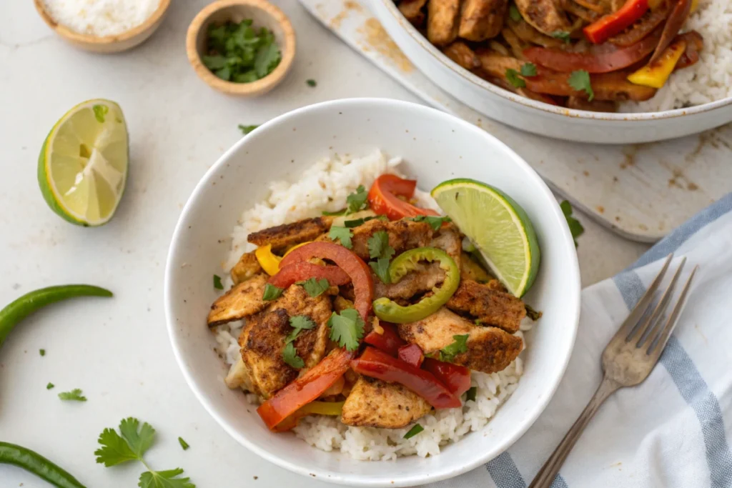 Meal Prep Ideas High Protein - Finished chicken fajita bowls ready to serve