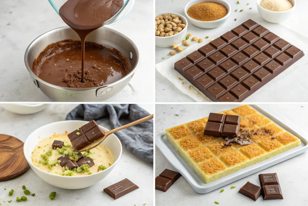 Steps to make a Dubai Chocolate Bar, including melting chocolate, frying kunafa, preparing the filling, assembling,